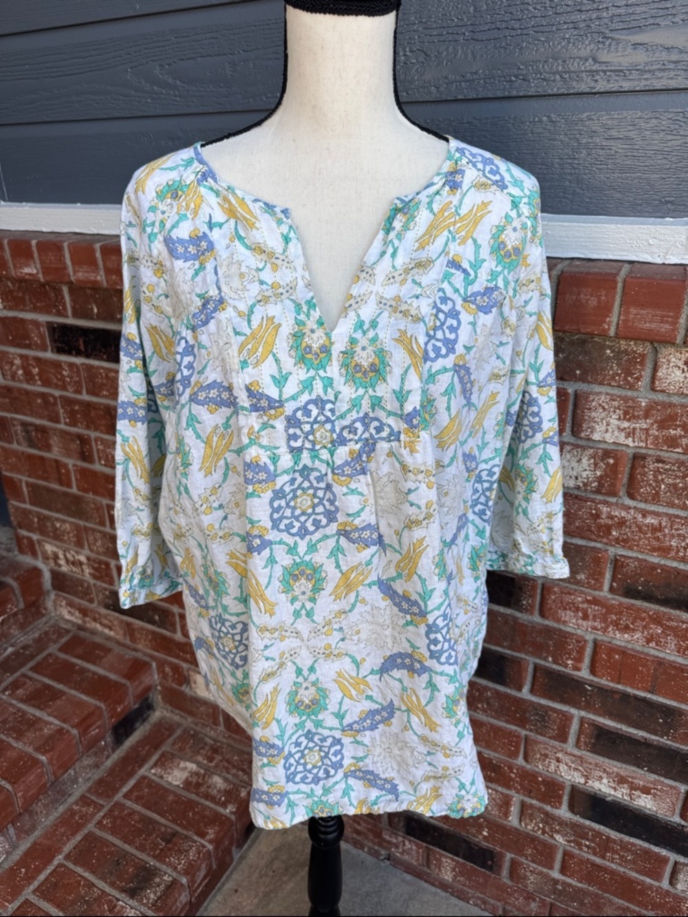 Lands' End Blue Green Paisley Split Neck Tunic Top 3/4 Sleeve 100% Linen 14W 0X